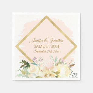 Watercolor Floral  Blush Pink Gold Frame Wedding Napkin