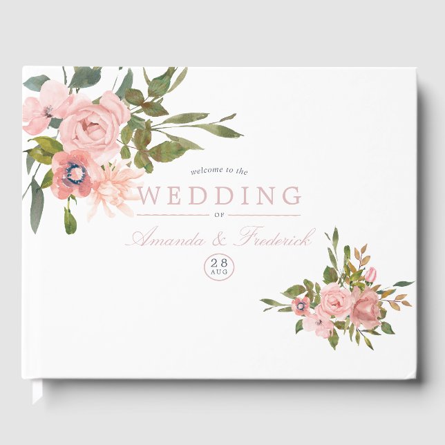 Watercolor floral Blush Pink Roses Wedding Guest Book (Front)