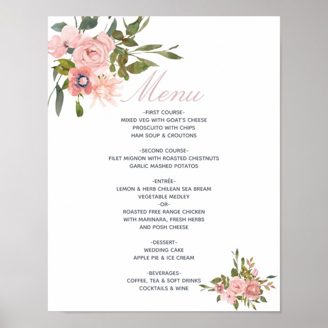 Watercolor floral Blush Pink Roses Wedding Menu Poster (Front)