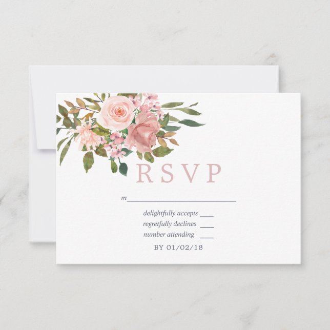 Watercolor floral Blush Pink Roses Wedding RSVP Card (Front)