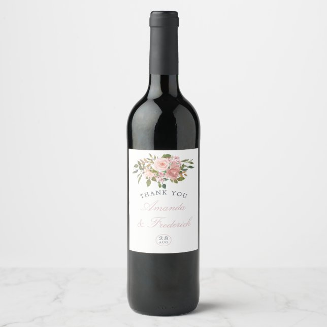 Watercolor floral Blush Pink Roses Wedding Wine Label (Front)