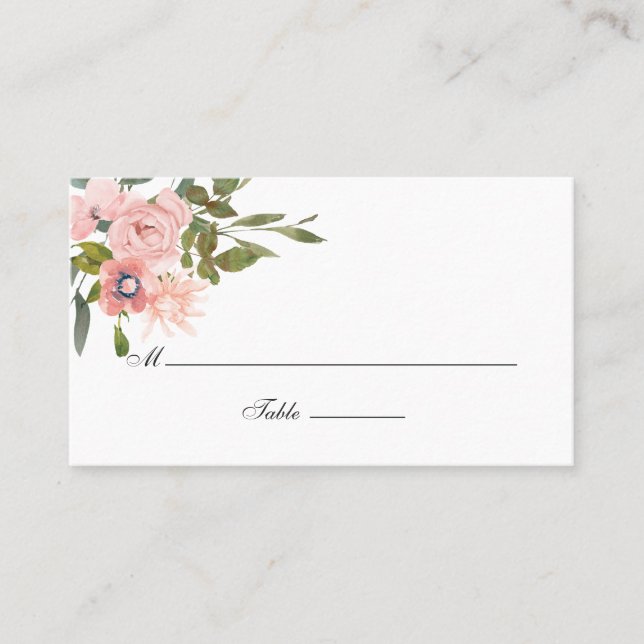 Watercolor floral Blush Pink Wedding Place Card (Front)