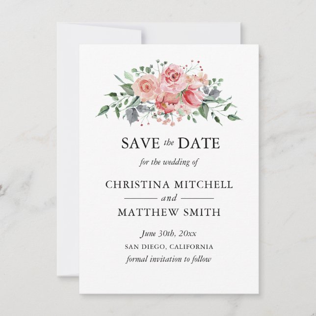 Watercolor Floral Blush Pink Wreath Save the Date (Front)