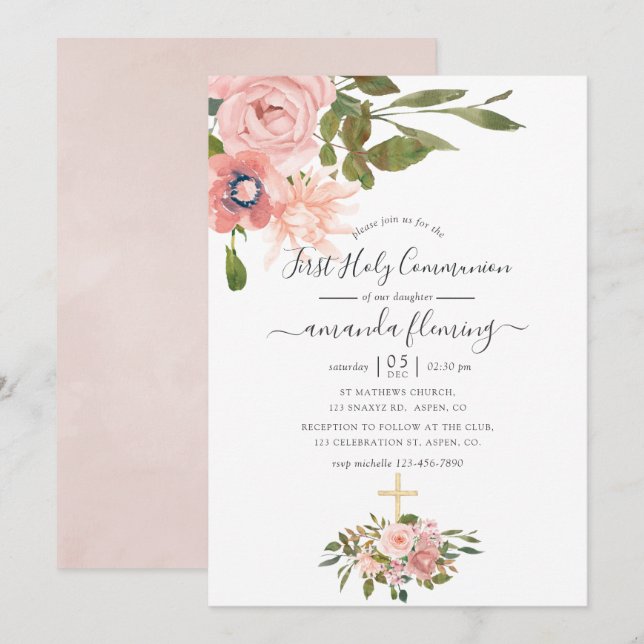 Watercolor floral Blush & Rose Gold Holy Communion Invitation (Front/Back)