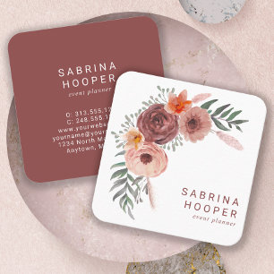 Watercolor Floral Blush Rust Rounded Corners  Square Business Card
