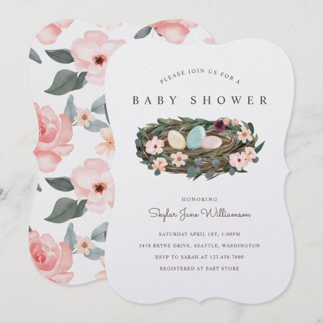 Watercolor Floral Bohemian Bird's Nest Baby Shower Invitation (Front/Back)