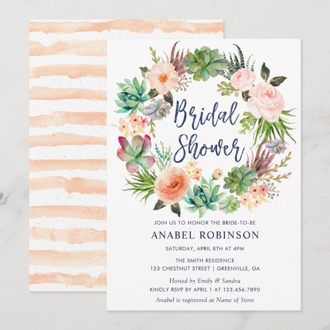 Watercolor Floral Bohemian Wreath Bridal Shower Invitation (Front/Back)