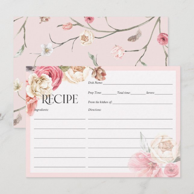 Watercolor floral boho bridal shower recipe cards (Front/Back)