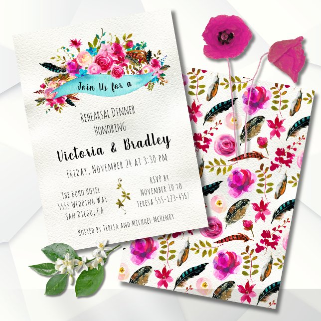 Watercolor Floral Boho Chic Rehearsal Dinner Invitation (Creator Uploaded)