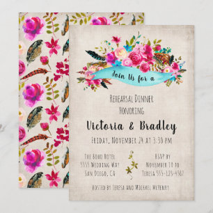 Watercolor Floral Boho Chic Rehearsal Dinner Invitation