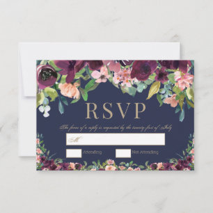 Watercolor Floral Boho Navy Wedding RSVP