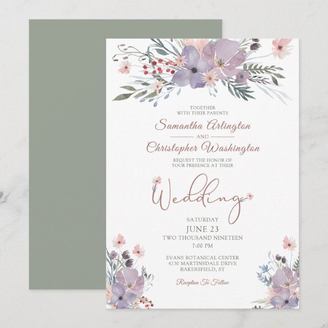 Watercolor Floral Boho Wildflowers Wedding Invitation (Front/Back)