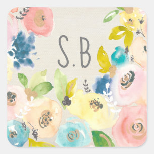 Watercolor Floral Book Plate Monogram Ex Libris Square Sticker