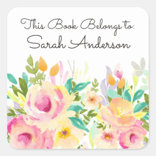 Watercolor Floral Book Plate This Book Belongs To Square Sticker