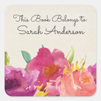 Watercolor Floral Book Plate This Book Belongs To Square Sticker