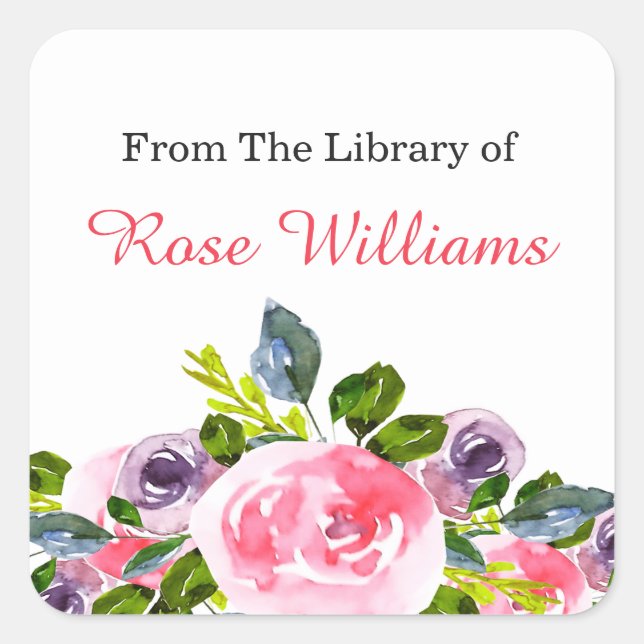 Watercolor Floral Bookplate Square Sticker (Front)