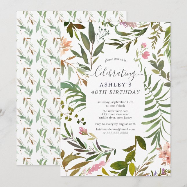 Watercolor Floral Botanical Birthday Invitation (Front/Back)