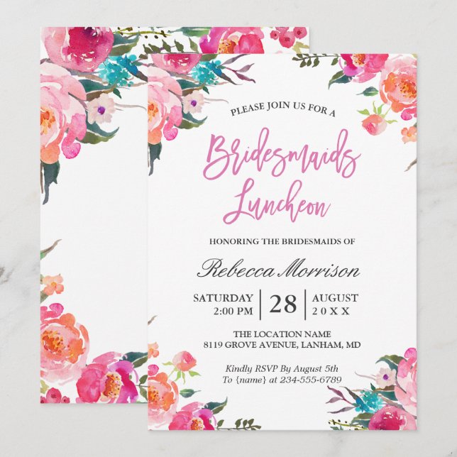 Watercolor Floral Botanical Bridesmaids Luncheon Invitation (Front/Back)