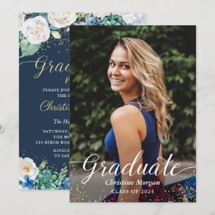 Watercolor Floral Botanical Graduation Party Photo Invitation
