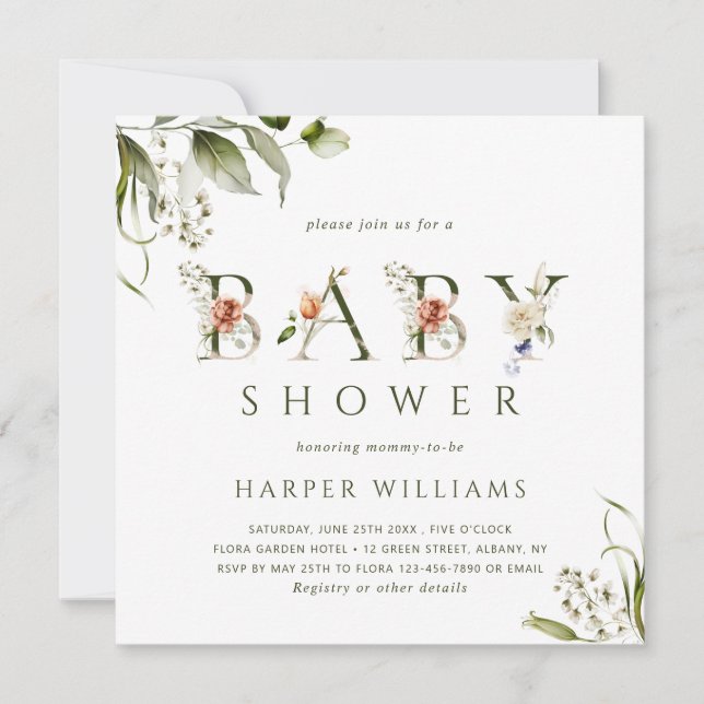 Watercolor Floral Botanical Letter Baby Shower Invitation (Front)