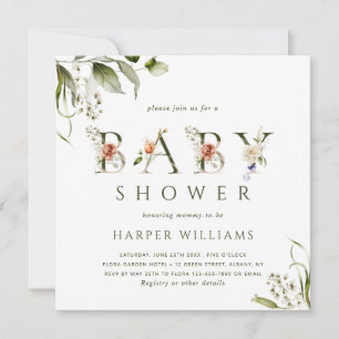Watercolor Floral Botanical Letter Baby Shower Invitation