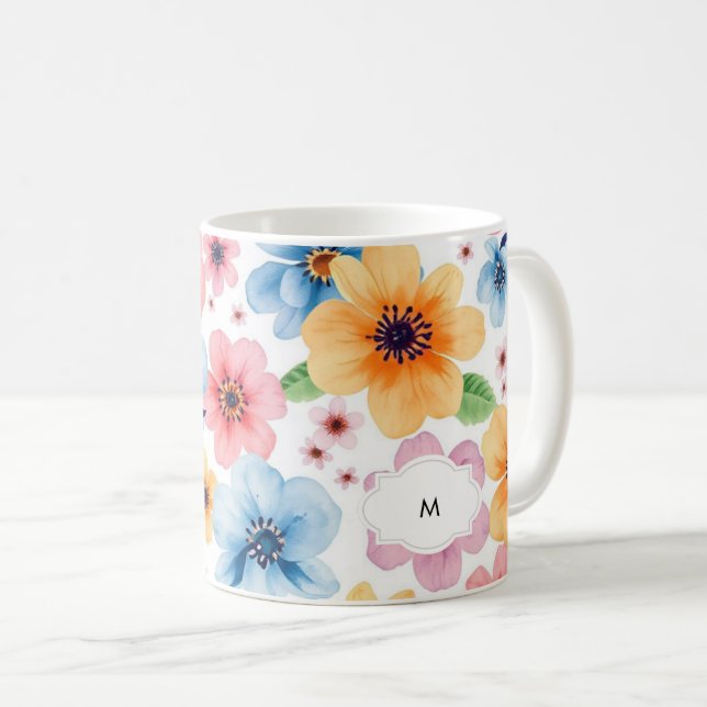 Watercolor floral botanical pattern monogrammed coffee mug (Front Right)