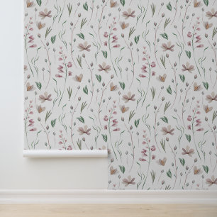 Watercolor Floral Botanical Pink Green Pastel Wallpaper