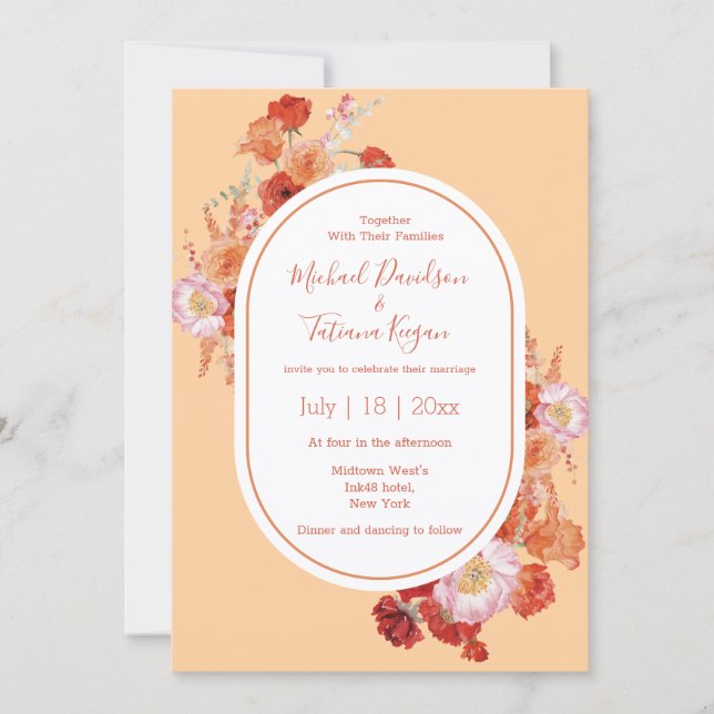 watercolor floral botanical red orange  wedding  invitation (Front)