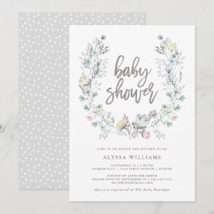 Watercolor Floral Botanical Wreath   Baby Shower Invitation