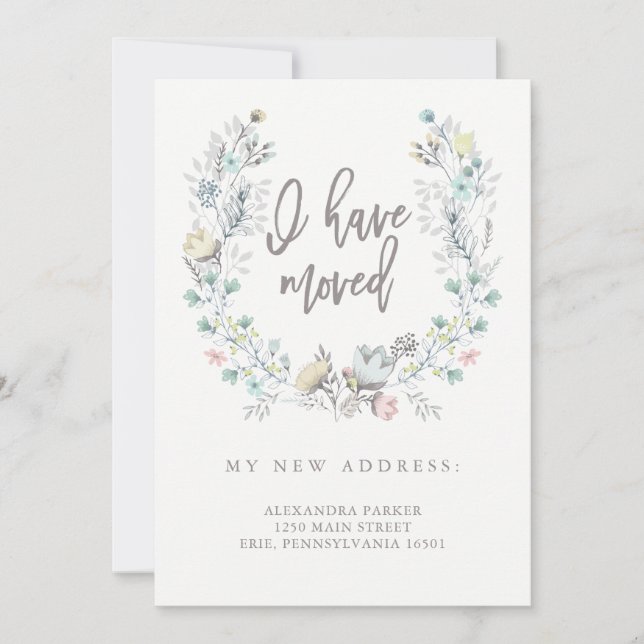 Watercolor Floral Botanical Wreath | New Address Announcement (Front)