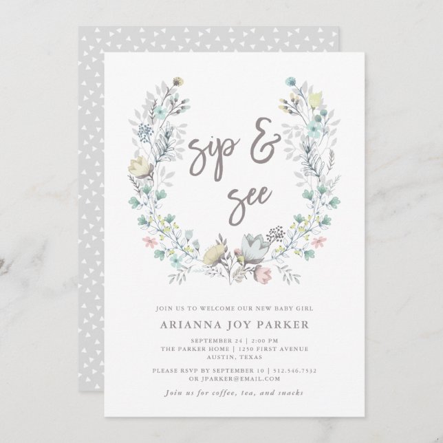 Watercolor Floral Botanical Wreath | Sip and See Invitation (Front/Back)