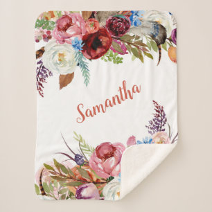 Watercolor Floral Bouquet Baby Girl Name Sherpa Blanket