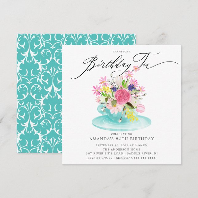 Watercolor Floral Bouquet Birthday Tea Invitation (Front/Back)