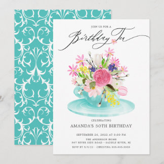 Watercolor Floral Bouquet Birthday Tea Invitation