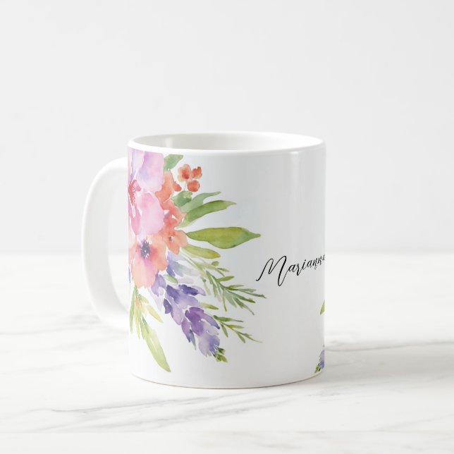 Watercolor Floral Bouquet Coffee Mug (Front Left)