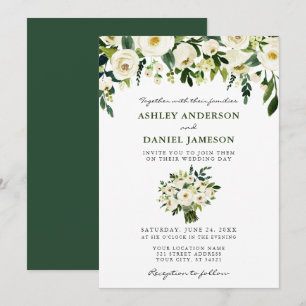 Watercolor Floral Bouquet Elegant Wedding Green Invitation