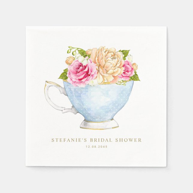 Watercolor Floral Bouquet in Teacup Bridal Shower Napkin (Front)