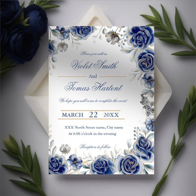 Watercolor floral bouquet navy blue wedding invitation (Creator Uploaded)