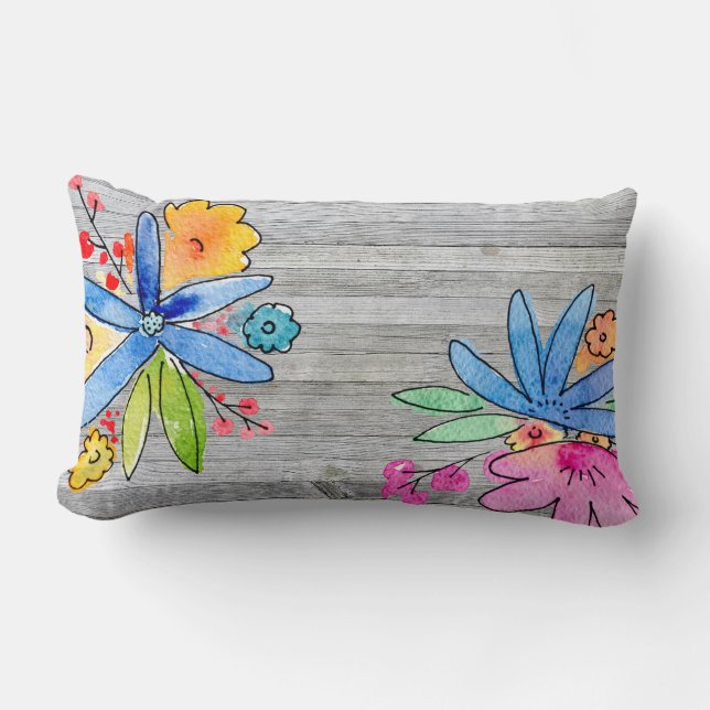 watercolor floral bouquet on grey wood lumbar cushion (Front)