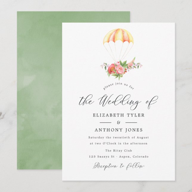 Watercolor Floral Bouquet Parachute Wedding Invitation (Front/Back)