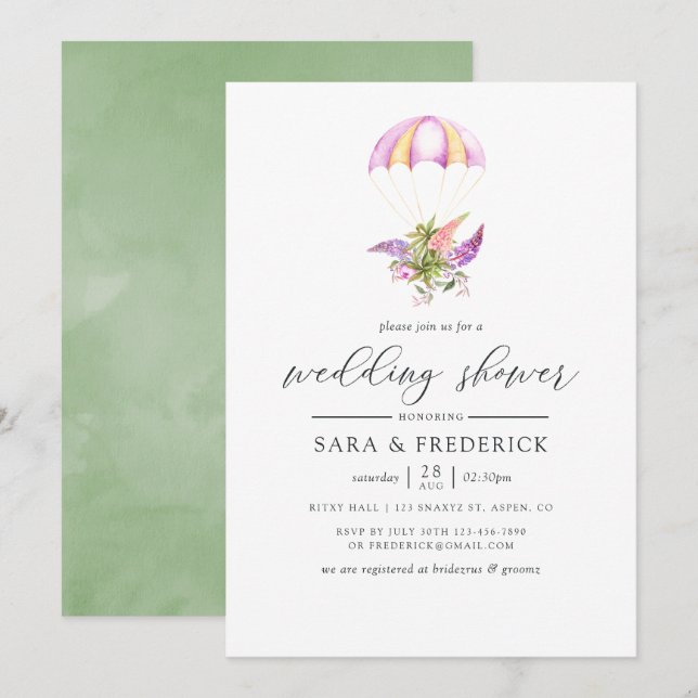 Watercolor Floral Bouquet Parachute Wedding Shower Invitation (Front/Back)