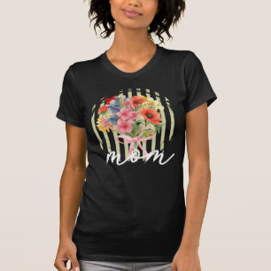 Watercolor Floral Bouquet Pastel Stripes Mum T-Shirt