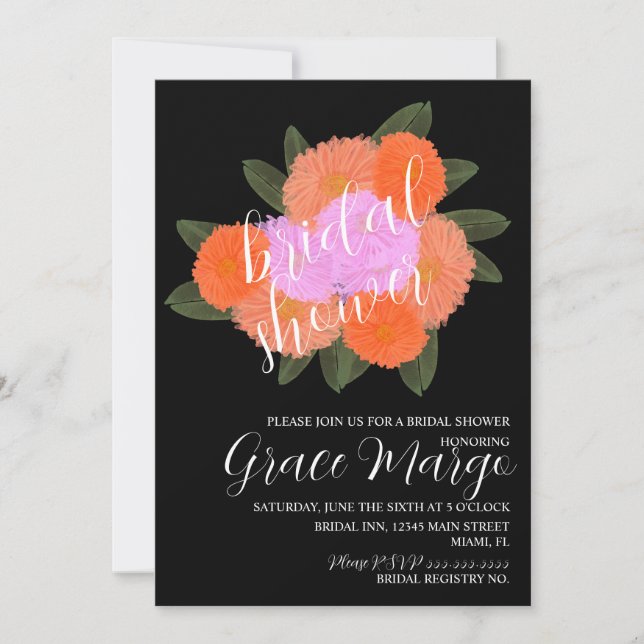 Watercolor Floral Bouquet Pink Black Bridal Shower Invitation (Front)