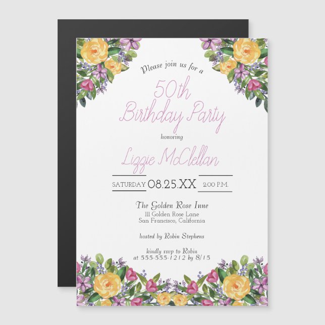 Watercolor Floral Bouquets 50th Birthday Party Magnetic Invitation (Front/Back)