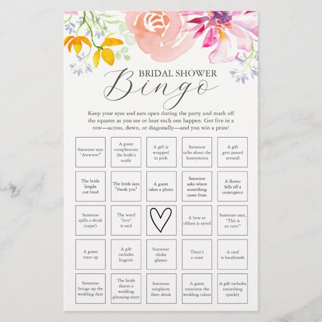 Watercolor Floral Bridal Shower Bingo Flyer (Front)