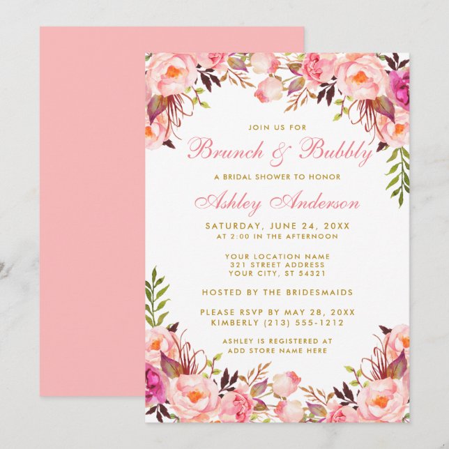 Watercolor Floral Bridal Shower Brunch Pink Gold Invitation (Front/Back)