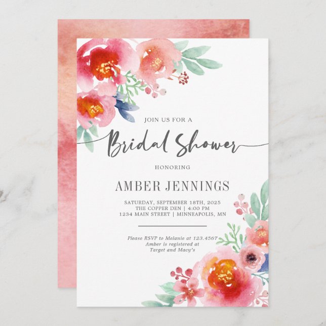 Watercolor floral bridal shower invitation (Front/Back)
