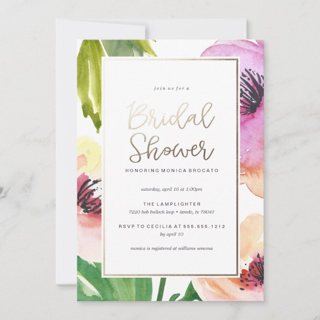 WATERCOLOR FLORAL bridal shower invitation GOLD (Front)