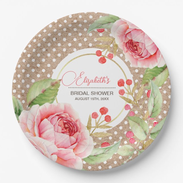 Watercolor Floral Bridal Shower Kraft Paper Plates (Front)