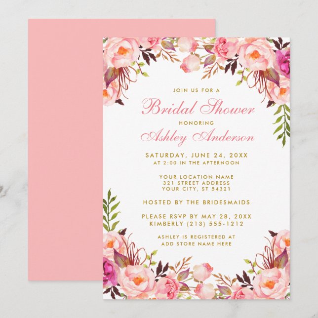 Watercolor Floral Bridal Shower Pink and Gold Invitation (Front/Back)